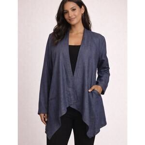 Talbots Jacket 14W Petite Blue 100% Linen Open Front Kimono Pockets Lightweight